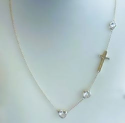 Heart-shaped White Topaz Necklace with Gold Cross