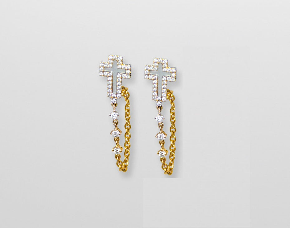 Mother-of-Pearl Cross-Shaped Chain Earrings