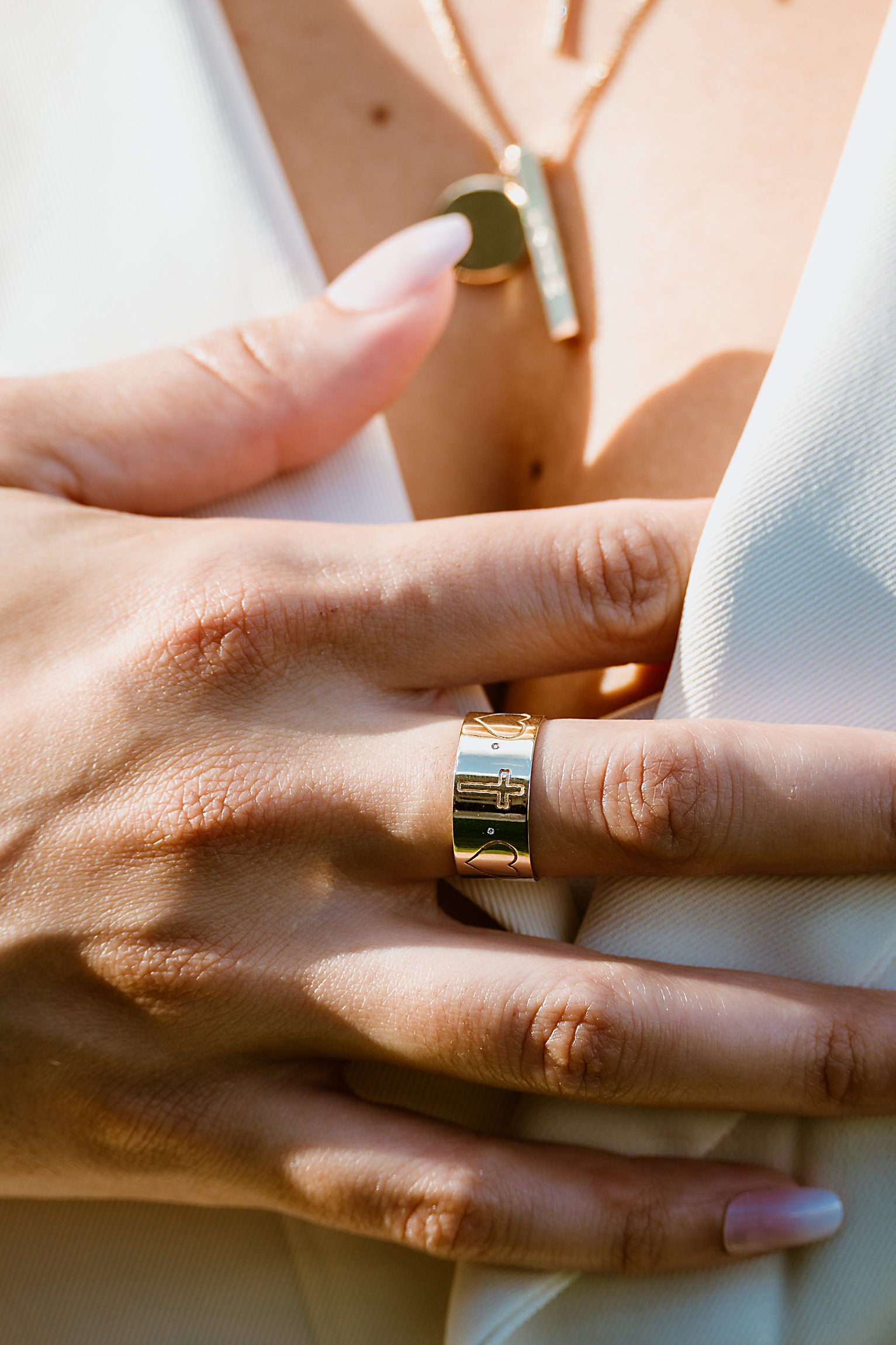 Wide Band Ring with Engraved Cross & Heart
