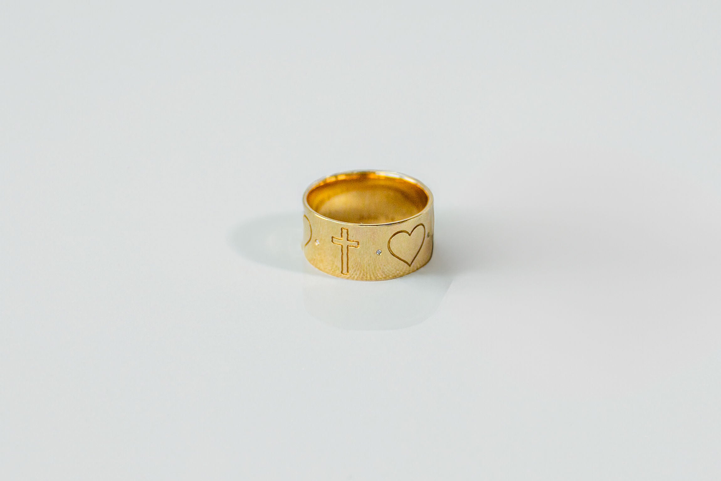 Wide Band Ring with Engraved Cross & Heart
