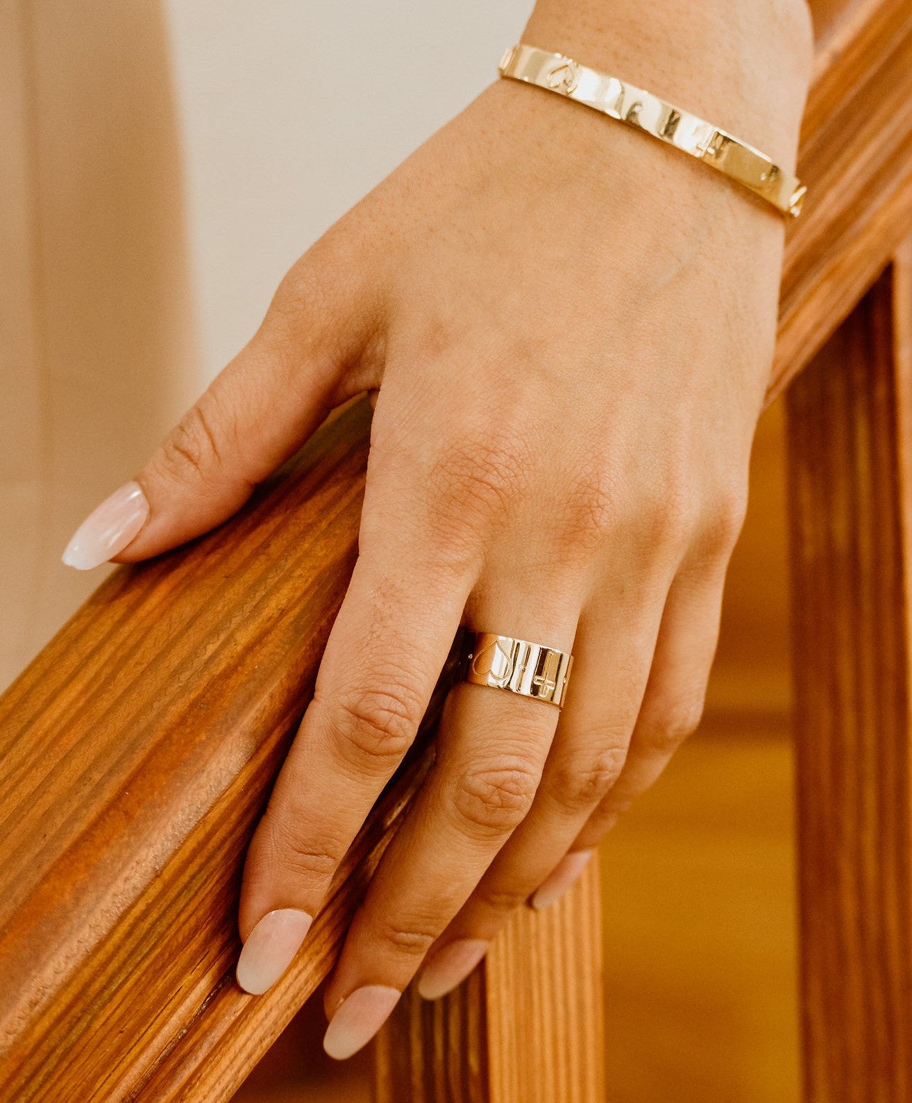 Wide Band Ring with Engraved Cross & Heart